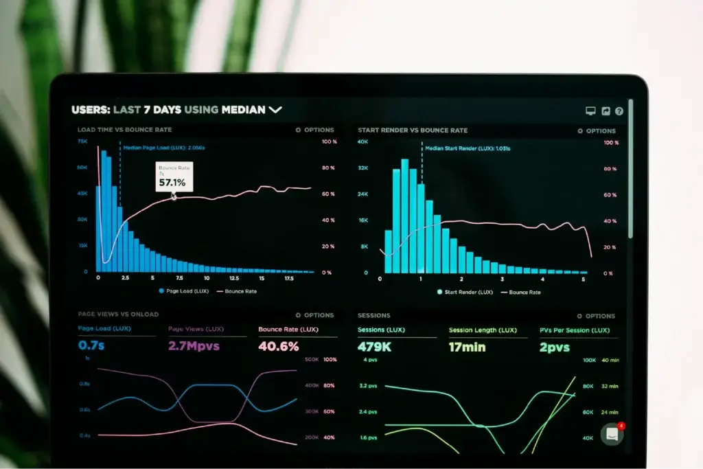 Laptop met een donker dashboard vol grafieken en statistieken, als illustratie bij Corsa Datakwaliteit.