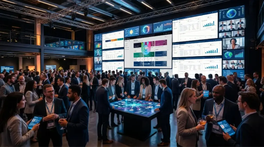 Drukbezocht networkingsevenement met professionals die in gesprek zijn, omringd door grote schermen waarop de Corsa-software van BCT wordt gedemonstreerd.