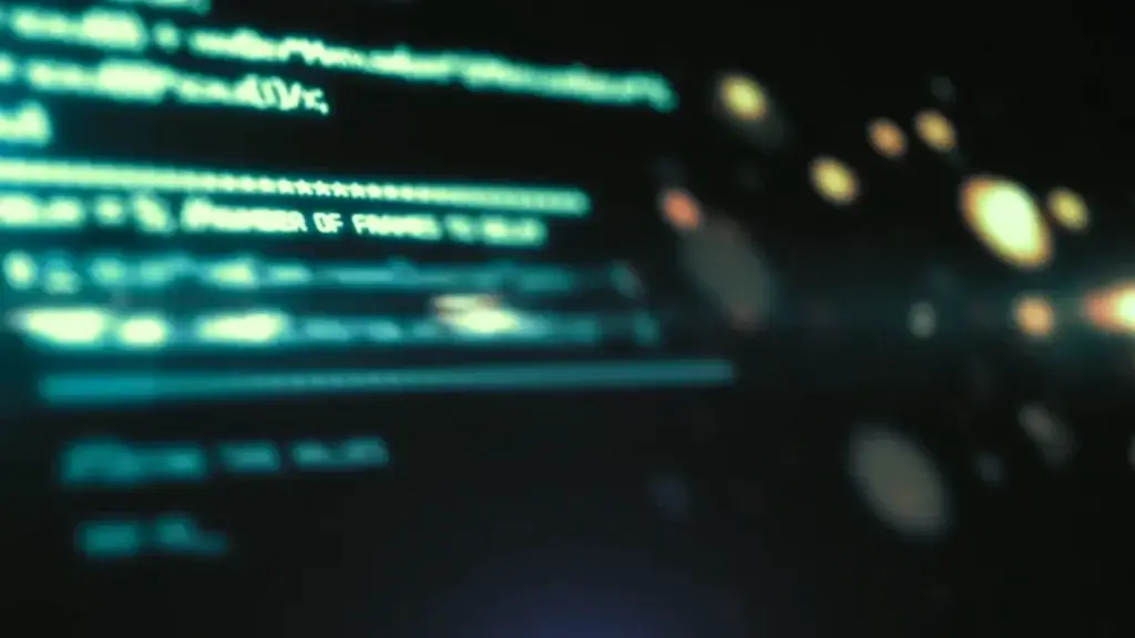 Onscherp scherm met turquoise programmacode op donkere achtergrond.