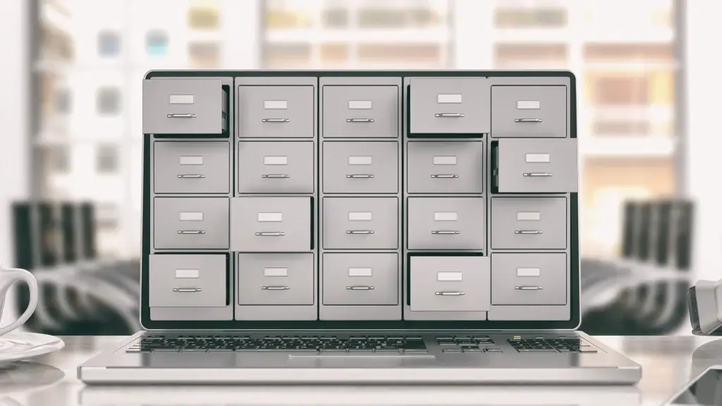 Laptop met op het scherm een illustratie van een archiefkast met meerdere laden, als symbool voor digitale documentopslag.